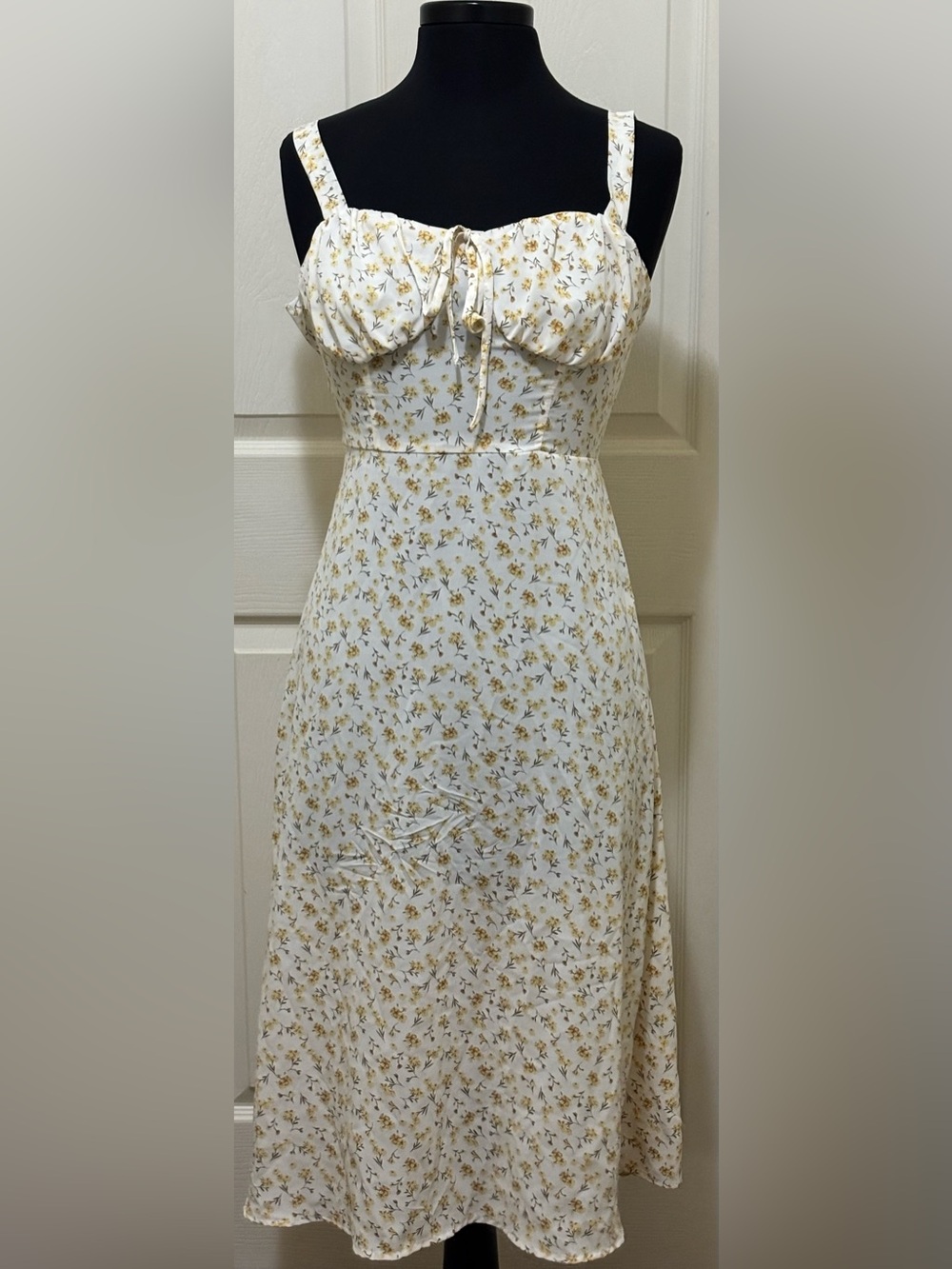 SHEIN MOD Ruched Bust Floral Dress Cami Tie Front White Yellow Midi Women's Sz M